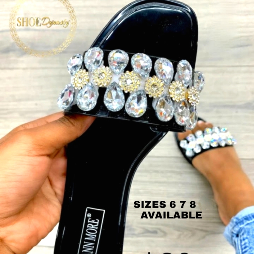 Womens Black Flats Slides Sandals Rhinestone Open Toe Slip on Shoes